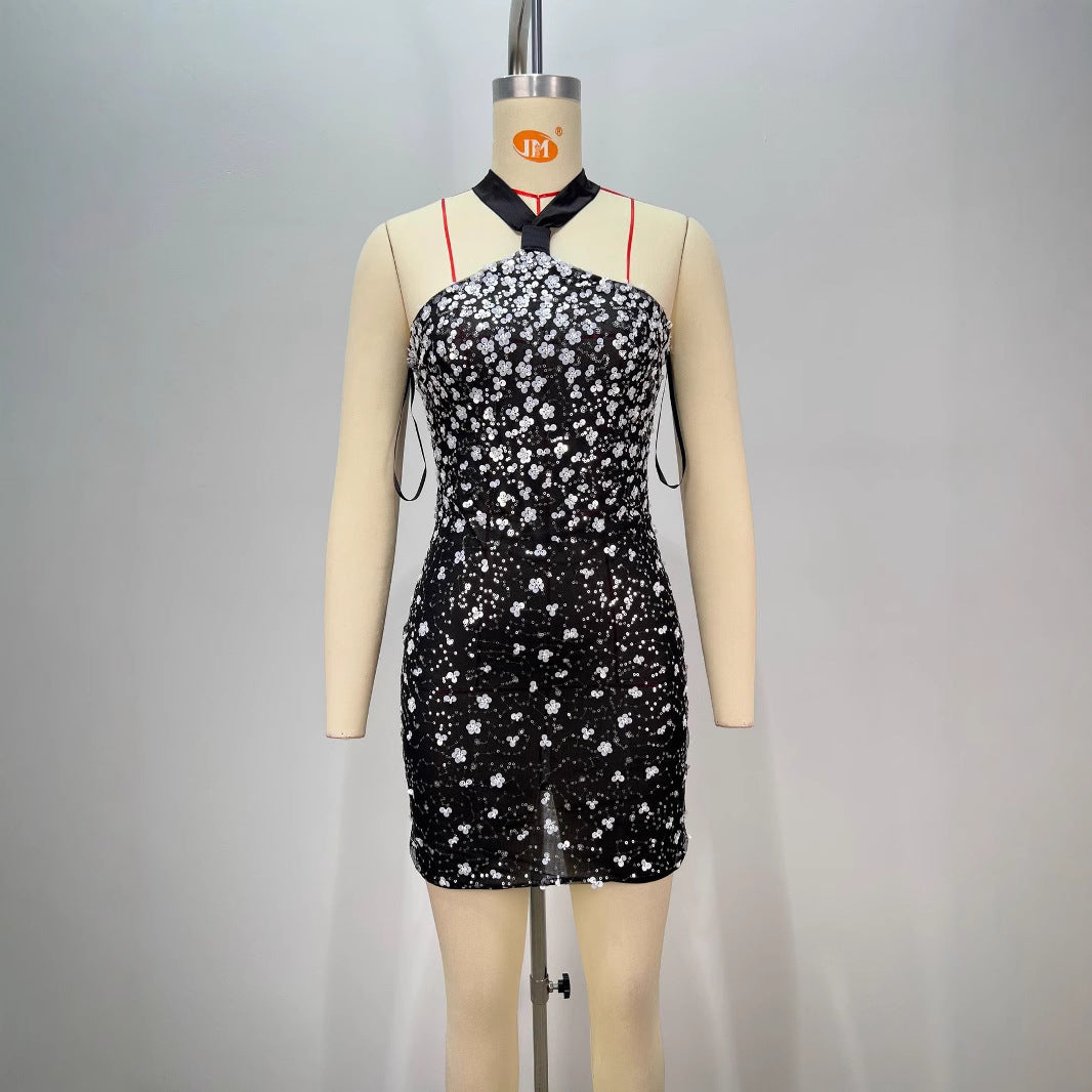VC Black Slimming Halter Short Dress For Women